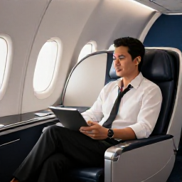Caribbean Holidays, October Luxury, A business class traveller relaxing in a comfortable aircraft seat, with a refined Caribbean travel atmosphere and soft natural light