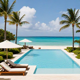 Caribbean Holidays, October Luxury, A peaceful luxury resort on Grace Bay, with a stylish pool, palm trees, sun loungers and turquoise sea beyond