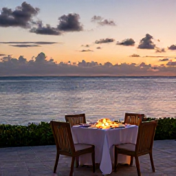 Caribbean Holidays, October Luxury, A relaxed sunset dinner beside the sea in Turks and Caicos, with elegant outdoor tables, warm lights and a calm horizon