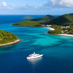 Caribbean Holidays, October Luxury Holidays, Aerial view of Saint Vincent and the Grenadines with turquoise water, green islands and a luxury yacht in October sunshine