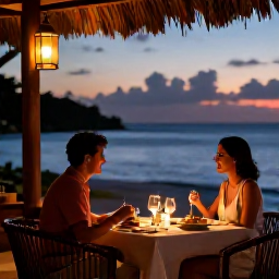 Caribbean Holidays, October Luxury Holidays, Couple dining at an elegant seaside restaurant in the Grenadines at sunset, with Caribbean dishes and soft lantern light