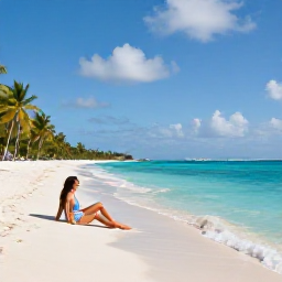 Caribbean Holidays, October Luxury Holidays, Couple relaxing on a quiet Caribbean beach in October, clear turquoise water, soft white sand and palm-fringed shoreline