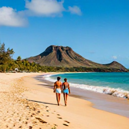 Caribbean Holidays, October Luxury Holidays, Couple walking along a quiet golden beach on Nevis in October, with volcanic hills, turquoise sea and tropical vegetation