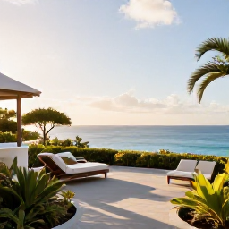 Caribbean Holidays, October Luxury Holidays, Elegant luxury hotel terrace overlooking the Caribbean Sea on Nevis, with comfortable loungers, tropical gardens and soft morning light