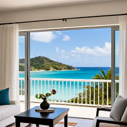 Caribbean Holidays, October Luxury Holidays, Elegant luxury resort suite overlooking Magens Bay in St Thomas, with private balcony, tropical d&eacute;cor and calm blue sea