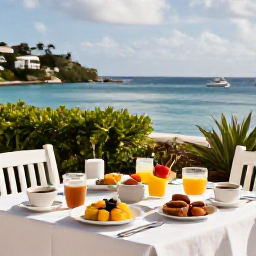 Caribbean Holidays, October Luxury Holidays, Elegant resort breakfast overlooking a calm Caribbean bay on Saint Martin, fresh tropical fruit, coffee and open-air terrace