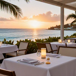 Caribbean Holidays, October Luxury Holidays, Fine dining restaurant in Grand Case, Saint Martin, open-air tables, Caribbean sunset and beautifully presented local cuisine