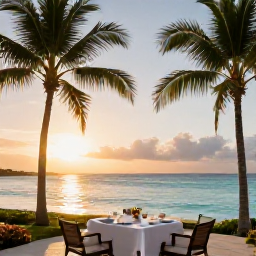 Caribbean Holidays, October Luxury Holidays, Luxury beachfront resort on Saint Kitts at sunset in October, with palm trees, calm turquoise water and elegant outdoor dining