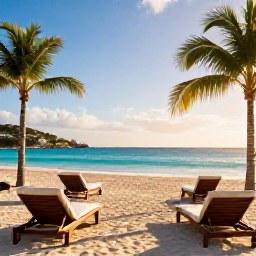 Caribbean Holidays, October Luxury Holidays, Luxury beachfront resort on Saint Martin and Sint Maarten in October, turquoise sea, elegant loungers, palm trees and warm afternoon light