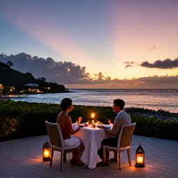 Caribbean Holidays, October Luxury Holidays, Romantic Caribbean dinner at a luxury resort on Saint Kitts, with lanterns, ocean views and a sunset October sky