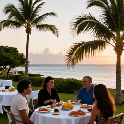 Caribbean Holidays, October Nature Holidays, A friendly outdoor dining scene in Saint Martin at sunset, with fresh local food, palms and a view of the sea