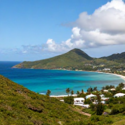Caribbean Holidays, October Nature Holidays, A panoramic view of Saint Martin and Sint Maarten coastline in October, with turquoise water, green hills and scattered tropical clouds