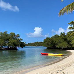 Caribbean Holidays, October Nature Holidays, A quiet mangrove lagoon and sandy beach on Saint Martin in October, with kayaks on calm water and tropical vegetation