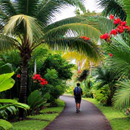 Caribbean Holidays, October Nature Holidays, A quiet tropical trail through lush vegetation on Saint Martin, with a hiker walking beneath palms and flowering plants