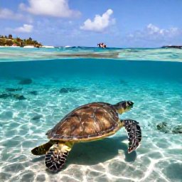 Caribbean Holidays, October Nature Holidays, A sea turtle swimming in clear shallow water near a coral reef off Saint Martin, with snorkellers in the distance