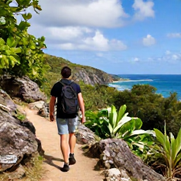 Caribbean Holidays, October Nature Holidays, A visitor walking along a rocky nature trail above the Saint Barth&eacute;lemy coastline, with tropical vegetation and sea views