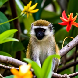 Caribbean Holidays, October Nature Holidays, Green vervet monkey in a tropical garden on Saint Kitts, with colourful flowers and dense foliage