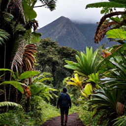 Caribbean Holidays, October Nature Holidays, Hikers walking through dense rainforest on the La Soufri&egrave;re trail, with tropical plants and volcanic mountains in the background