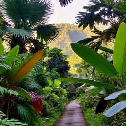 Caribbean Holidays, October Nature Holidays, Lush Caribbean rainforest in October with a narrow hiking trail, tropical leaves, soft morning light and distant green hills