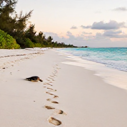 Caribbean Holidays, October Nature Holidays, Quiet Caribbean beach with sea turtle tracks in the sand, low tropical vegetation, calm turquoise water and a soft late afternoon sky