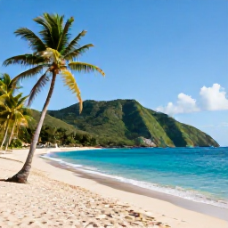 Caribbean Holidays, October Nature Holidays, Quiet October beach on Nevis with palm trees, turquoise water and green hills in the background