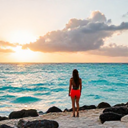 Caribbean Holidays, October Nature Holidays, Relaxed eco-friendly holiday scene in Turks and Caicos, traveller overlooking turquoise sea at sunset