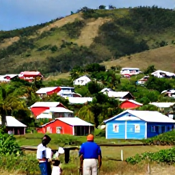 Caribbean Holidays, October Nature Holidays, Small Caribbean fishing village with colourful houses, green hills, palm trees and a local guide preparing visitors for a nature excursion