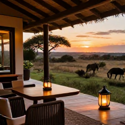 Caribbean Holidays, October Safaris, Comfortable safari lodge terrace overlooking African bush at sunset, outdoor seating, lanterns and distant wildlife