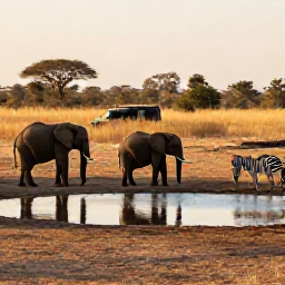 Caribbean Holidays, October Safaris, Elephants and zebras gathered beside a waterhole on a dry African plain, warm afternoon light and safari vehicle in the background