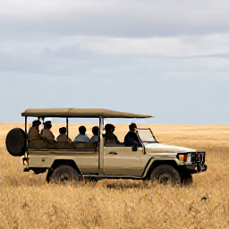 Caribbean Holidays, October Safaris, Open-top safari vehicle travelling through golden grassland with a knowledgeable guide and guests observing wildlife