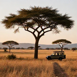 Caribbean Holidays, October Safaris, Wide African savannah at sunrise in October, scattered acacia trees, distant hills and a safari vehicle on a track