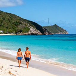Caribbean Holidays, October Saint Barth, Couple walking beside a beautiful Saint Barth&eacute;lemy beach in October, with clear Caribbean water, green hills and bright sunshine