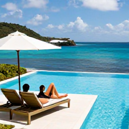 Caribbean Holidays, October Saint Barth, Luxury adults-only hotel terrace overlooking the Caribbean Sea on Saint Barth&eacute;lemy, with a couple relaxing beside an infinity pool