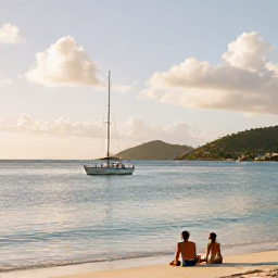Caribbean Holidays, October Saint Barth, Romantic Saint Barth&eacute;lemy coastline at golden hour, with a small boat offshore and a couple enjoying a peaceful Caribbean holiday