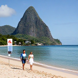 Caribbean Holidays, October Saint Lucia, Couple walking along a golden sandy beach in Saint Lucia with calm Caribbean water and green hills in the background