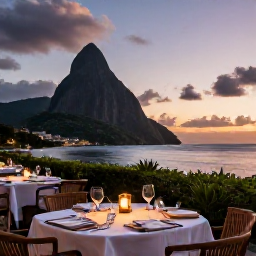 Caribbean Holidays, October Saint Lucia, Luxury adults-only resort restaurant in Saint Lucia serving dinner outdoors at sunset beside the Caribbean Sea