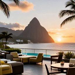 Caribbean Holidays, October Saint Lucia, Romantic sunset over the Caribbean Sea viewed from a stylish adults-only hotel terrace in Saint Lucia