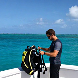 Caribbean Holidays, October Scuba Diving, A friendly dive guide preparing scuba equipment beside a boat in a calm turquoise bay in Turks and Caicos