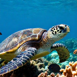 Caribbean Holidays, October Scuba Diving, Close-up underwater view of a green sea turtle, tropical fish and coral reef near Nevis
