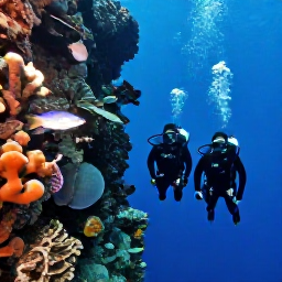 Caribbean Holidays, October Scuba Diving, Divers descending beside a Caribbean reef wall with sponges, sea fans and schools of tropical fish in blue water