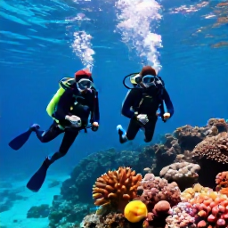 Caribbean Holidays, October Scuba Diving, Divers exploring a colourful coral reef in clear turquoise water off Grand Turk, Turks and Caicos Islands