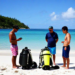Caribbean Holidays, October Scuba Diving, Friendly Caribbean dive centre staff briefing holidaymakers beside scuba equipment on a sunny Saint Vincent beach