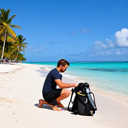 Caribbean Holidays, October Scuba Diving, Friendly Caribbean dive guide preparing scuba equipment on a sunny beach beside turquoise water and palm trees
