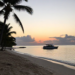 Caribbean Holidays, October Scuba Diving, Relaxed Caribbean beach at sunset with dive boat offshore and palm trees in the Dominican Republic