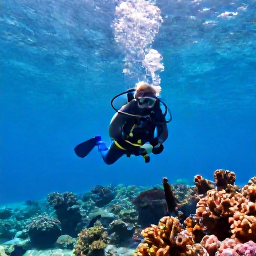 Caribbean Holidays, October Scuba Diving, Scuba diver exploring a colourful Caribbean coral reef in clear October water, tropical fish and sunlight filtering from the surface