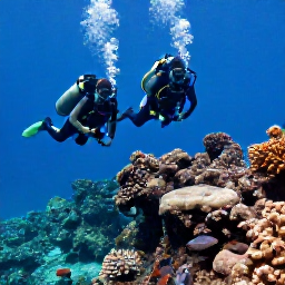Caribbean Holidays, October Scuba Diving, Scuba divers descending beside a coral reef with colourful fish and volcanic underwater rock formations