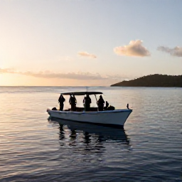 Caribbean Holidays, October Scuba Diving, Scuba divers returning to a Caribbean boat at golden hour after a reef dive, calm sea and island coastline in the background