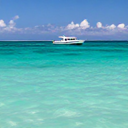 Caribbean Holidays, October Scuba Diving, Small dive boat travelling across calm turquoise water towards the coast of Punta Cana, Dominican Republic