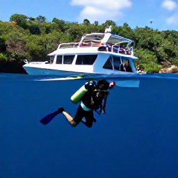 Caribbean Holidays, October Scuba Diving, Small dive boat travelling between lush Caribbean islands with a scuba diver preparing to enter the water