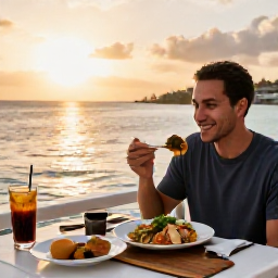 Caribbean Holidays, October Solo Holidays, A friendly solo traveller enjoying fresh Caribbean food at an outdoor waterside restaurant in Tortola at sunset